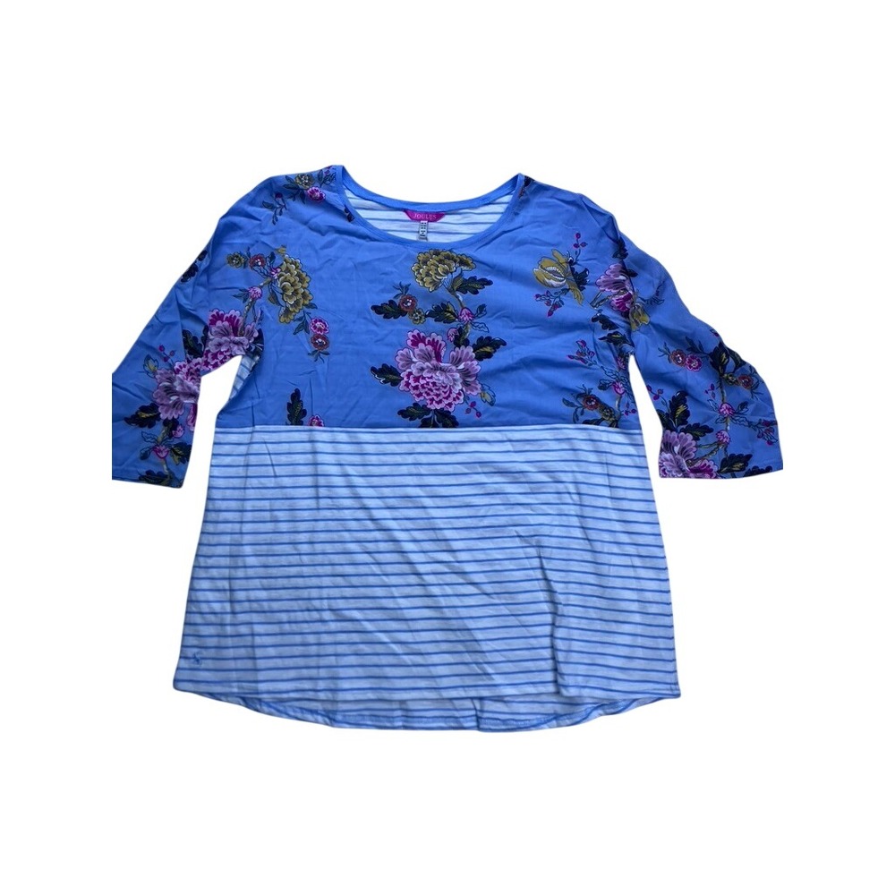 Joules Top Women Size 12 Blue Floral Stripe 3/4 Sleeve Mixed Media NWT